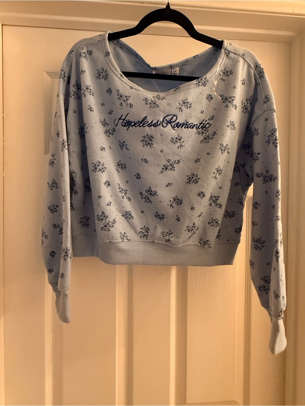Mighty Fine Light Blue Floral 'Hapless Romantic' Cropped Sweatshirt